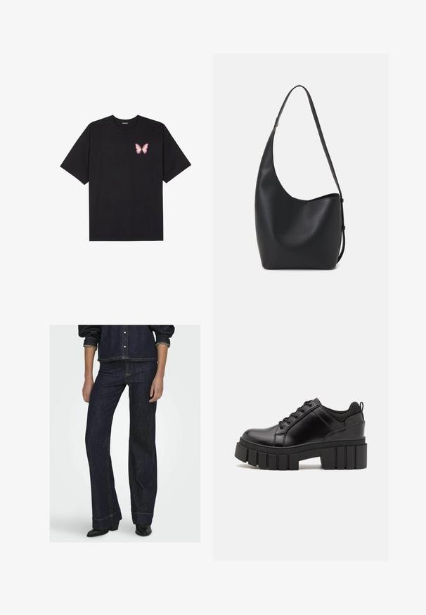 Svart bomullströja med korta ärmar, med en liten rosa fjärilsgrafik på vänster bröst. Rundad halsdesign med en avslappnad passform.; Mörk denimbyxor med utsvängd benkant och gul söm samt hög midja. Kombineras med en matchande mörk denimskjorta med knappar och svarta klackstövlar.; Svarta läderplattformsskor med en kraftig blockklack, rund tå och traditionell snörningsdesign. Har en slät textur och minimal detaljering.; Svart läder hobo-väska med en slät textur, kurvig form och en justerbar axelrem; har en bred öppning upptill.