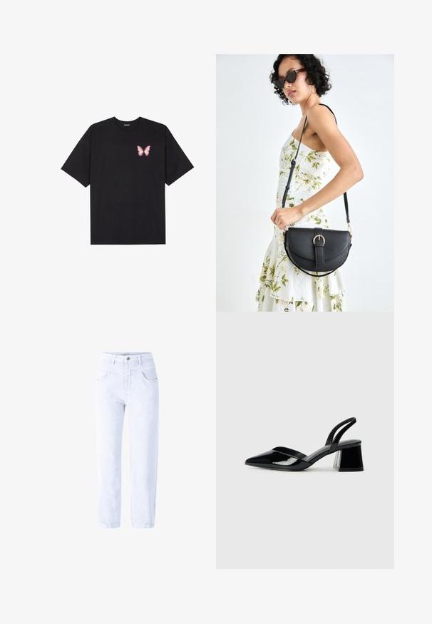 Musta puuvillapaita lyhyillä hihoilla, jossa on pieni vaaleanpunainen perhosgrafiikka vasemmassa rinnassa. Pyöreä kaula-aukko ja rento istuvuus.; Vaaleansiniset korkeavyötäröiset farkut suoran lahkeen muotoilulla, joissa on etutaskut, metallinen napitus ja hienovarainen rakenne.; Mustat patentoitu nahkakengät, joissa on säären takaosa ja terävä kärki, sekä geometrinen palikkakorko. Sisältää tyylikkään, minimalistisen muotoilun ja sileän pinnan.; Musta nahkainen käsilaukku, joka on kaareva muotoilultaan, irrotettavalla hihnalla ja kultaisilla yksityiskohdilla. Laukussa on läppä, jossa on solk yksityiskohta.