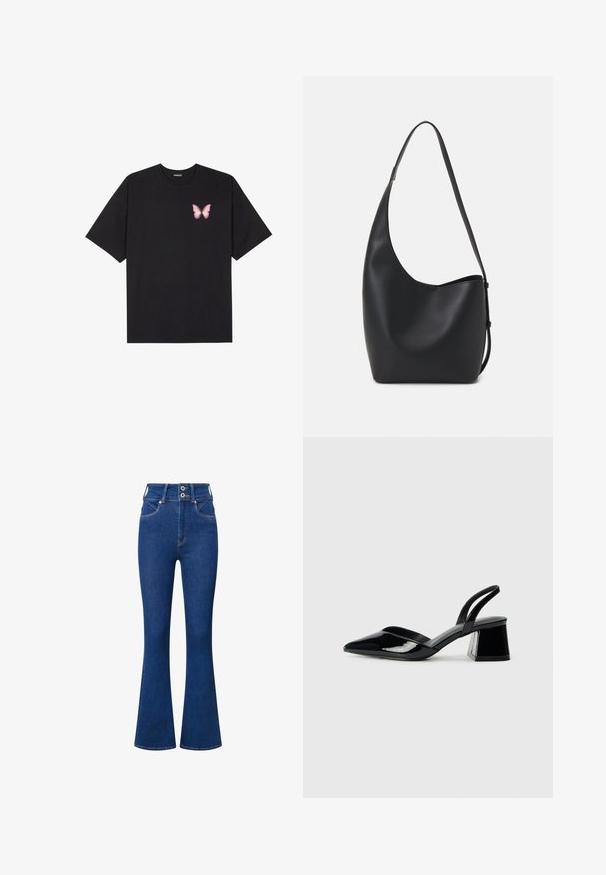 Melna kokvilnas T-krekls ar īsām piedurknēm, kuram priekšā kreisajā pusē ir neliels rozā tauriņa grafiskais attēls. Ar apaļu kaklu un brīvā stila piegriezumu.; Augstas jostas flared džinsi tumši zilā denima. Iespējas ar divu pogu aizdari, priekšējām kabatām un smalkām šuvju detaļām gar šuvēm.; Melna lakota āda ar atvērto papēdi, ar smailu purngalu un ģeometrisku blokpapēdi. Iezīmējas elegants, minimāls dizains un gluda tekstūra.; Melnas ādas hobo soma ar gludu tekstūru, izliekta forma un vienu regulējamu jostu; augšā ir plaša atvere.