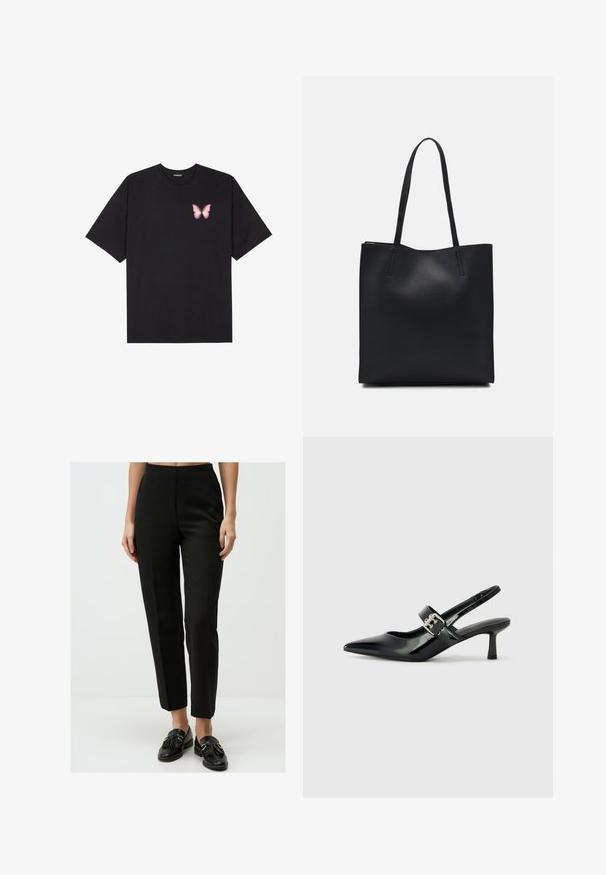 Black cotton t-shirt with short sleeves, featuring a small pink butterfly graphic on the left chest. Crew neck design with a relaxed fit.; Black tailored pants with a smooth texture, high waist, straight leg design, and subtle crease details, paired with black loafers.; Black patent leather slingback heels with a pointed toe and a small block heel, featuring a silver buckle accent on the strap.; Black leather tote bag with smooth texture, rectangular shape, and two long handles. No visible hardware or embellishments.