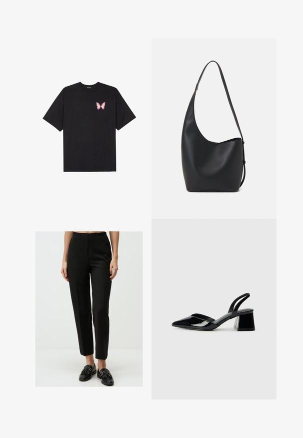 Schwarzes Baumwoll-T-Shirt mit kurzen Ärmeln, das ein kleines pinkes Schmetterlingsmotiv auf der linken Brust zeigt. Crewneck-Design mit einem entspannten Schnitt.; Schwarze, maßgeschneiderte Hose mit glatter Textur, hohem Bund, geradem Bein und dezenten Falten, kombiniert mit schwarzen Slippern.; Schwarze Lackleder-Slingback-High Heels mit spitzem Schuh und einem geometrischen Blockabsatz. Verfügt über ein schlankes, minimalistisches Design und eine glatte Textur.; Schwarze Leder-Hobo-Tasche mit einer glatten Textur, geschwungener Form und einem einzelnen verstellbaren Tragegurt; verfügt über eine weite Öffnung am oberen Ende.