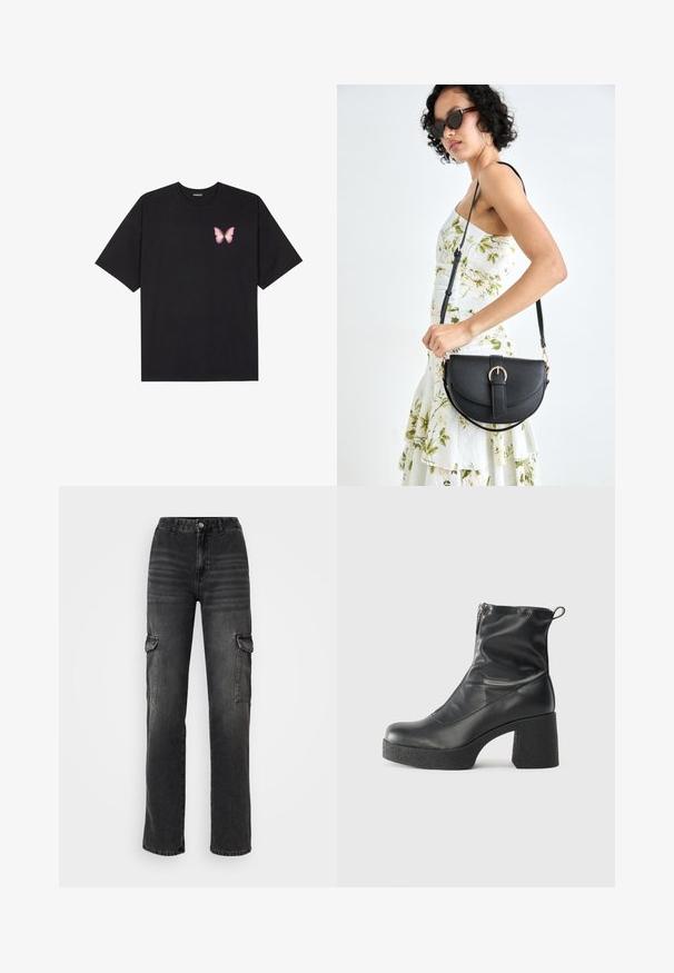 Must muströöpidega must puuvillane T-särk, vasakul rinnal on väike roosa liblikas. Ümar kaelus ja vabalt istuv lõige.; Kõrge vöökohaga, sirged jalgadega cargo jeanid pleekinud mustast denimist. Omab küljetaskuid, nööbiga sulgemist ja topeltõmmeldud õmblusi.; Mustad mustad ansapüksid, mis on valmistatud siledast nahast, külje zipperiga, paksu tekstuuriga kontsaga ja ümmarguse nina disainiga.; Mustmust mustraha kõverate joontega, eemaldatava rihmaga ja kuldsete detailidega. Kotil on klapp, millel on pandladetail.