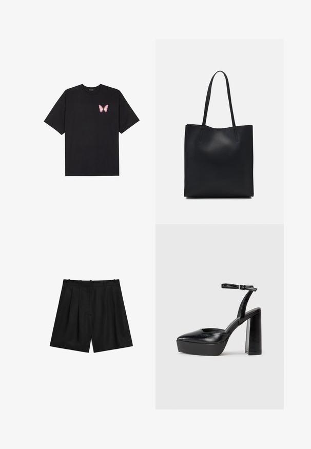 Černé bavlněné tričko s krátkým rukávem, na levém prsou s malou grafikou růžové motýlky. Design s kruhovým výstřihem a volným střihem.; Černé elegantní šortky vyrobené z hladkého, lehkého materiálu. Obsahují zde pleaty, dvě boční kapsy a čistý design pasu.; Černé platformové podpatky s špičatou špičkou a nastavitelným kotníkovým popruhem. Vyrobeny z hladké kůže, s masivním blokovým podpatkem.; Černá kožená taška přes rameno s hladkým povrchem, obdélníkovým tvarem a dvěma dlouhými uchy. Žádné viditelné kování ani ozdoby.