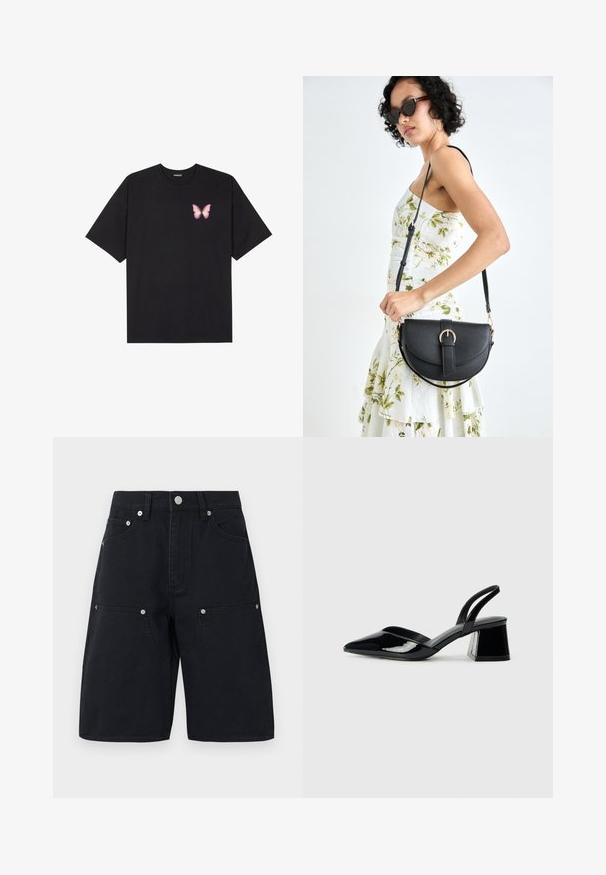 T-shirt de algodão preto com mangas curtas, apresentando um pequeno gráfico de borboleta rosa no lado esquerdo do peito. Design de gola redonda com um corte solto.; Calções de ganga pretos com um design de perna reta, apresentando dois bolsos frontais e detalhes em metal prateado. Tecido texturizado com pormenores de costura.; Sandy em verniz preto com salto slingback, ponta afilada e salto geométrico. Apresenta um design elegante e minimalista com textura suave.; Bolsa de couro preta com forma curva, alça destacável e detalhes em dourado. A bolsa possui uma aba com detalhe de fivela.