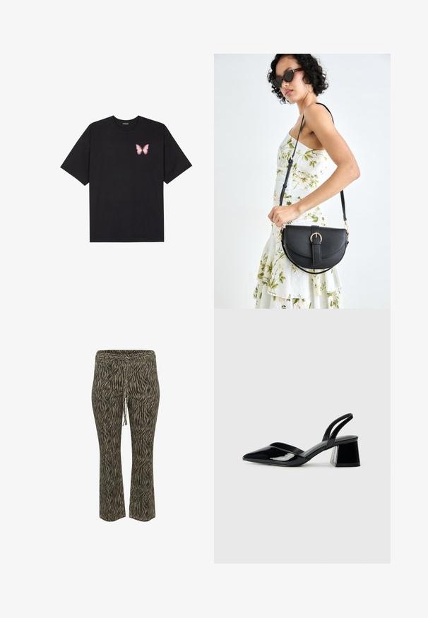 Tricou negru din bumbac cu mâneci scurte, având pe partea stângă a pieptului un mic grafic cu un fluture roz. Design cu guler rotund și croială lejeră.; Pantaloni cu talie elastică și șnur în nuanțe de khaki și model de zebră bej. Design cu talie medie și picioare evazate, textură moale. Potriviți pentru ținute casual.; Pantofi cu toc slingback din piele lacuită neagră, cu vârf ascuțit și toc geometric. Prezintă un design elegant, minimalist și o textură netedă.; Geantă din piele neagră, cu o formă curbată, curea detașabilă și accesorii aurii. Geanta are un capac cu un detaliu tip cataramă.