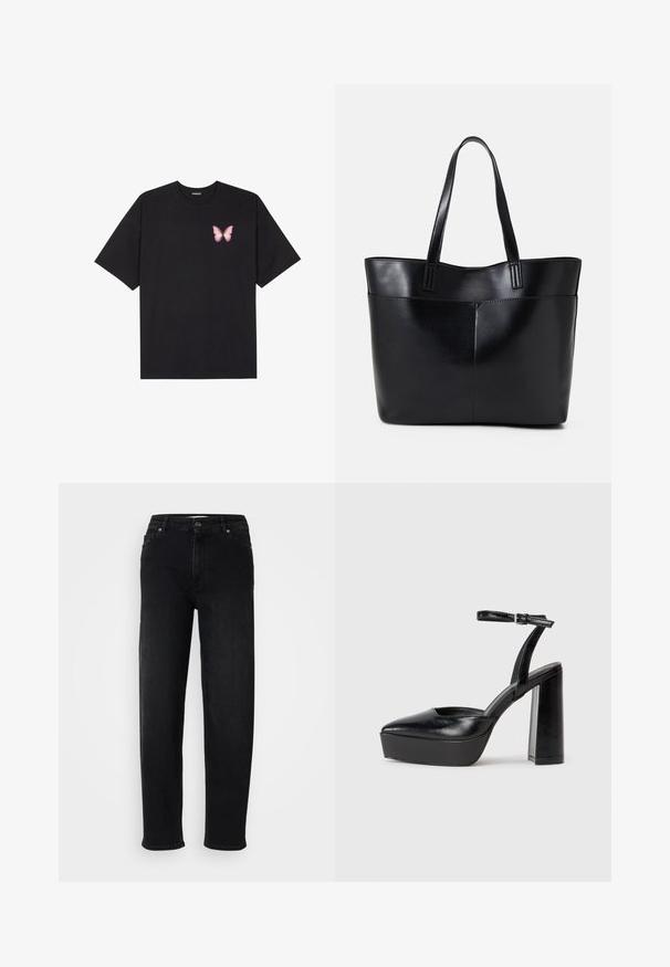 Must muströöpidega must puuvillane T-särk, vasakul rinnal on väike roosa liblikas. Ümar kaelus ja vabalt istuv lõige.; Mustad denim püksid otse lõikega, viie taskuga disain, metallne nööp sulgemine ja kontrastne õmblus. Sujuv tekstuur ja vastupidav materjal.; Mustad platvormi kontsad terava ninaga ja reguleeritava pahkluuraamiga. Valmistatud siledast nahast, funktsioneerib massiivse plokknäheeliga.; Must mustaga musta nahast, millel on kaks pikka kanda, sile tekstuur ja struktureeritud kuju. Esipoolsel on lisakoti jaoks tasku.