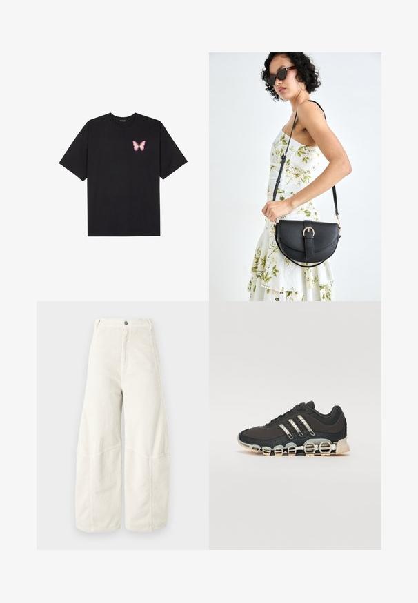 Juodas medvilnės marškinėliai trumpomis rankovėmis, su maža rožine drugelio grafika kairėje krūtinės pusėje. Apvalus kaklo iškirpimas, laisvas kirpimas.; Šviesiai bežinės spalvos kelnių plačios kojos, pasižyminčios ribotu tekstūru, klasikine mygtukų uždaria, ir paprastomis šoninėmis kišenėmis.; Juodos sportinės avalynės su tekstūruotu viršumi, trimis sidabro juostomis ir išskirtiniu amortizuojančiu padu, turinčiu kelias integruotas dalis.; Juodas odinis krepšys su išlenkta forma, nuimamu dirželiu ir auksiniais detalėmis. Krepšys turi kilpą su sagtimi.