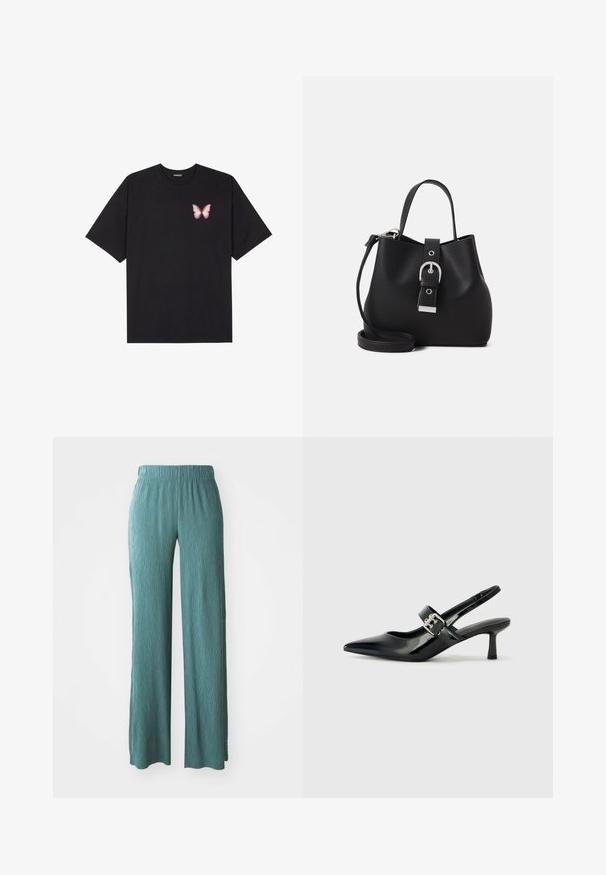 Svart bomulls T-skjorte med korte ermer, med en liten rosa sommerfugl grafikk på venstre bryst. Crew-neck design med en avslappet passform.; Lys teal, vide bukser laget av teksturert stoff med elastisk midjebånd, og har en avslappet passform og rett kutt.; Svarte patent lær slingback hæler med spiss tå og en liten blokkheel, med en sølvspenne som detalj på stroppen.; Svart bøttehåndveske laget av glatt lær, med en strukturert form, kort håndtak og avtakbar skulderrem. Sølvspenne detaljer.