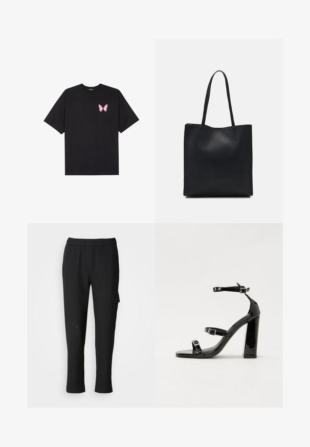 Čierne bavlnené tričko s krátkymi rukávmi, s malým ružovým motýlikom na ľavej hrudi. Design s okrúhlym výstrihom a uvoľneným strihom.; Čierne pruhované nohavice s elastickým pásom a rovný strih. Obsahuje bočnú vrecko s klopou, vyrobené z hladkej tkaniny.; Čierne lakované sandále na podpätku so štvorcovou špičkou, navlečenými remienkami okolo členku a striebornými prackami. Disponujú masívnym blokovým podpätkom pre stabilitu.; Čierna kožená taška na rameno s hladkým povrchom, obdĺžnikovým tvarom a dvoma dlhými uchami. Bez viditeľného kovania alebo ozdôb.