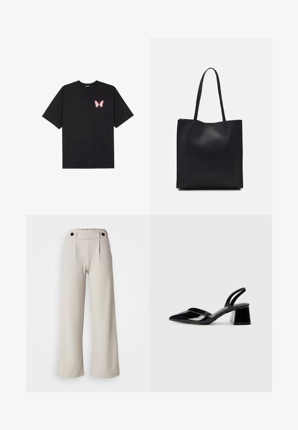 Fekete pamut póló rövid ujjakkal, bal mellkason egy kis rózsaszín pillangó grafikával. Kerek nyakú kialakítás, laza fazonnal.; Fellőtt bőrszövetből készült, világos bézs színű, plisszírozott széles szárú nadrág, sima tapintással, összegyűrt derékkal és két fekete gombbal a derékhúzón.; Fekete lakk bőr szandálkés magas sarkú cipő, hegyes orral és geometrikus tömbsarkakkal. Karcsú, minimalista dizájn és sima textúra jellemzi.; Fekete bőrtáska sima felszínnel, téglalap alakú, két hosszú füllel. Nincs látható fémkiegészítő vagy díszítés.