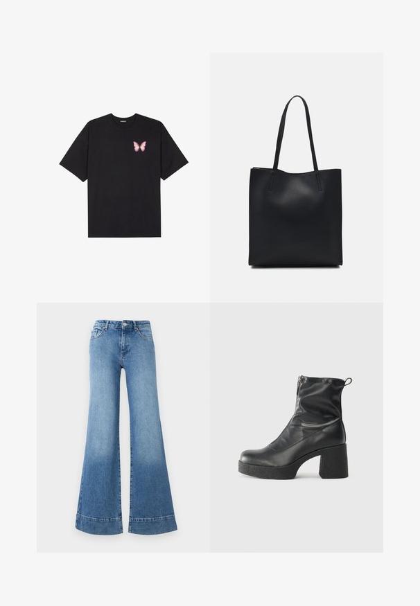 Camiseta de algodón negra de manga corta, con un pequeño gráfico de mariposa rosa en el lado izquierdo del pecho. Diseño de cuello redondo con un corte relajado.; Jeans de mezclilla de color azul claro, acampanados, con cintura alta, piernas amplias y un ligero desteñido. Presentan un diseño clásico de cinco bolsillos y cierre de botón metálico.; Botines negros de tobillo, hechos de cuero suave, con cierre lateral, tacón grueso texturizado y diseño de punta redondeada.; Bolso tote de cuero negro con textura lisa, forma rectangular y dos asas largas. Sin herrajes ni adornos visibles.
