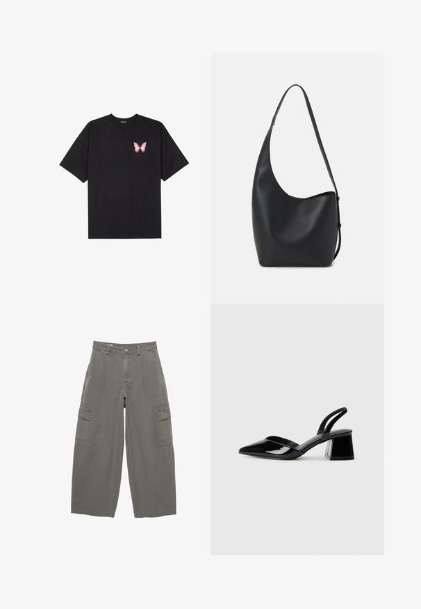 Tricou negru din bumbac cu mâneci scurte, având pe partea stângă a pieptului un mic grafic cu un fluture roz. Design cu guler rotund și croială lejeră.; Pantaloni cargo din material verde olive, cu picioare largi, buzunare frontale și două buzunare laterale cargo cu clapete. Material texturat din bumbac.; Pantofi cu toc slingback din piele lacuită neagră, cu vârf ascuțit și toc geometric. Prezintă un design elegant, minimalist și o textură netedă.; Geantă hobo din piele neagră, cu o textură netedă, formă curbată și un singur bretele ajustabil; are o deschidere largă în partea de sus.
