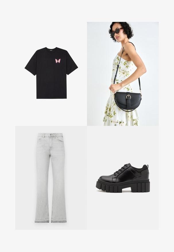 Črna bombažna majica s kratkimi rokavi, ki ima majhen roza metuljček na levi strani prsnega dela. Majica s krožnim ovratnikom in sproščenim krojem.; Svjetlosive traperice s flared krojem i visokim strukom, s džepovima, zatvaranjem na gumb i sirovim rubom. Izrađene od traper tkanine s glatkom teksturom.; Črne usnjene platforme z debelim blokastim petam, okroglo konico in klasičnim vezanjem. Imajo gladko teksturo in minimalne podrobnosti.; Črna usnjena torbica s ukrivljeno obliko, z odstranljivo naramnico in zlatimi dodatki. Torbica ima pokrov s podrobnostmi v obliki zaponke.