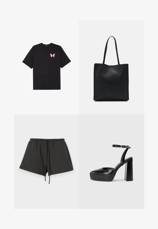 Black cotton t-shirt with short sleeves, featuring a small pink butterfly graphic on the left chest. Crew neck design with a relaxed fit.; Black cotton shorts with an elastic waistband and drawstring, featuring a simple design and a soft texture. Short length and no patterns.; Black platform heels with a pointed toe and adjustable ankle strap. Constructed from smooth leather, featuring a chunky block heel.; Black leather tote bag with smooth texture, rectangular shape, and two long handles. No visible hardware or embellishments.