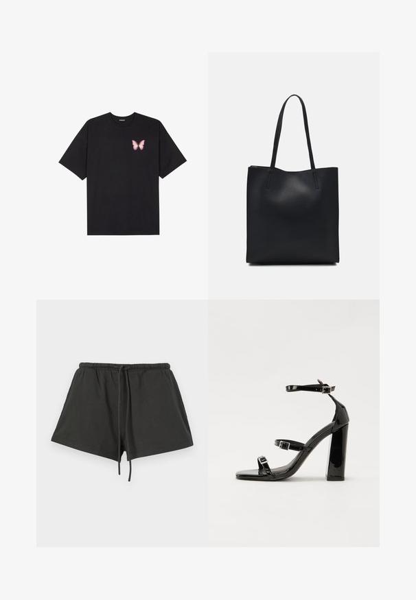 Tricou negru din bumbac cu mâneci scurte, având pe partea stângă a pieptului un mic grafic cu un fluture roz. Design cu guler rotund și croială lejeră.; Șorturi negre din bumbac cu talie elastică și șnur, având un design simplu și o textură moale. Lungime scurtă și fără modele.; Sandale cu toc din patent negru, cu vârf pătrat, curele la gleznă și catarame din argint. Dispune de un toc gros pentru stabilitate.; Geantă tote neagră din piele, cu textură netedă, formă rectangulară și două mânere lungi. Fără hardware vizibil sau ornamente.