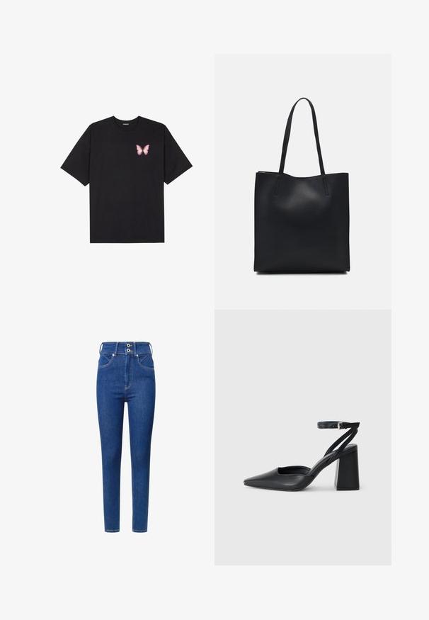 Black cotton t-shirt with short sleeves, featuring a small pink butterfly graphic on the left chest. Crew neck design with a relaxed fit.; High-waisted blue denim jeans with a slim fit, featuring two buttons at the waistband, front pockets, and contrasting stitching details.; Black leather pointy-toe pump with an ankle strap and a chunky heel. Flat texture, sleek design, and minimalistic aesthetics.; Black leather tote bag with smooth texture, rectangular shape, and two long handles. No visible hardware or embellishments.