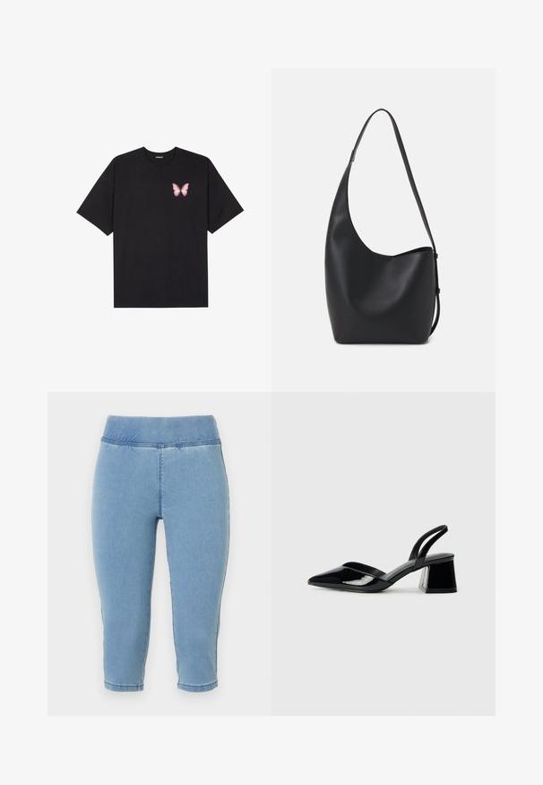Svart bomulls T-skjorte med korte ermer, med en liten rosa sommerfugl grafikk på venstre bryst. Crew-neck design med en avslappet passform.; Lyseblå denim capri-bukser med elastisk midje, med en glatt tekstur og stikninger, som ender rett under leggene.; Svarte patentlær slingback hæler med spiss tå og geometrisk blokk hæl. Har et stilrent, minimalistisk design og jevn tekstur.; Svart lær hobo-veske med glatt tekstur, buet form og enkelt justerbart stropp; har en bred åpning på toppen.