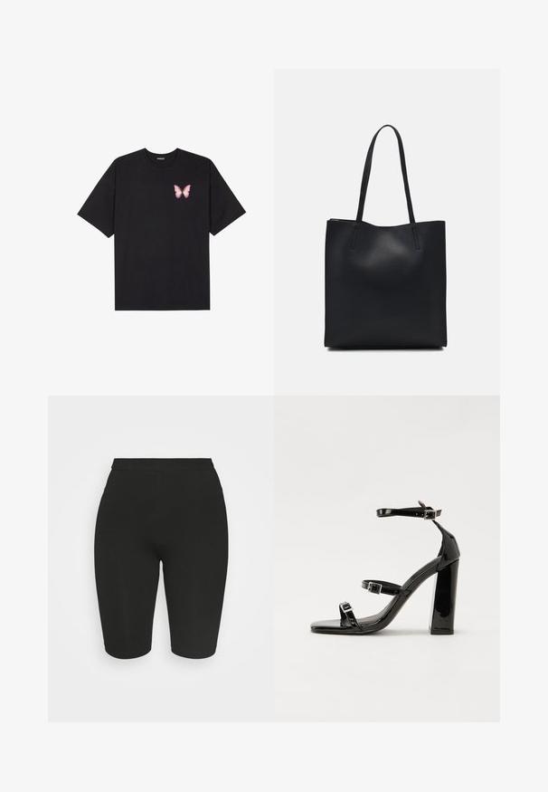 Musta puuvillapaita lyhyillä hihoilla, jossa on pieni vaaleanpunainen perhosgrafiikka vasemmassa rinnassa. Pyöreä kaula-aukko ja rento istuvuus.; Musta pyöräilyshortsit, joissa on sovitettu muotoilu, joustava vyötärö ja sileä pinta. Pituus ulottuu polven ylle. Ei näkyviä kuvioita tai koristeluja.; Musta kiiltävä korkokenkä sandaalit neliönmuotoisella varpaalla, nilkkaremmillä ja hopeisilla soljilla. Varustettu tukevalla lohkokorkealla vakauden takaamiseksi.; Mustapahkainen kangaskassi, jossa on sileä pinta, suorakaiteen muotoinen ja kaksi pitkää kahvaa. Ei näkyvää metalliosaa tai koristeita.