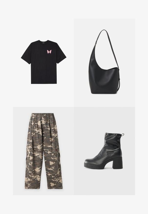 Černé bavlněné tričko s krátkým rukávem, na levém prsou s malou grafikou růžové motýlky. Design s kruhovým výstřihem a volným střihem.; BDG Urban Outfitters BOBBI - Kapsáče - camo; Černé kotníkové boty vyrobené z hladké kůže, s bočním zipem, robustním strukturovaným podpatkem a kulatou špičkou.; Černá kožená hobo taška s hladkým povrchem, zakřiveným tvarem a jedním nastavitelným popruhem; má široké otevírání nahoře.