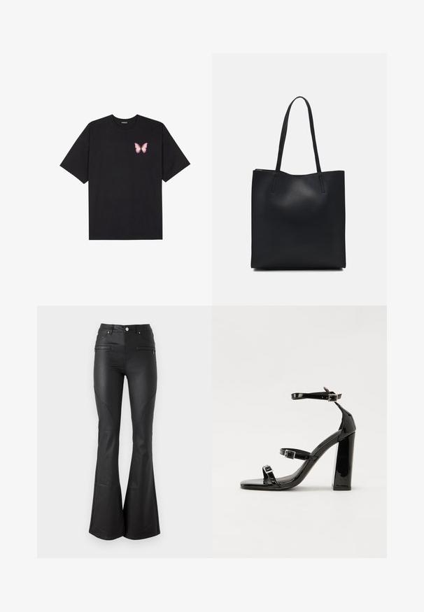 Black cotton t-shirt with short sleeves, featuring a small pink butterfly graphic on the left chest. Crew neck design with a relaxed fit.; Black flared pants made from a shiny, smooth material; features front pockets, a fitted waist, and decorative stitching along the seams.; Black patent heeled sandals with a square toe, ankle straps, and silver buckles. Features a chunky block heel for stability.; Black leather tote bag with smooth texture, rectangular shape, and two long handles. No visible hardware or embellishments.