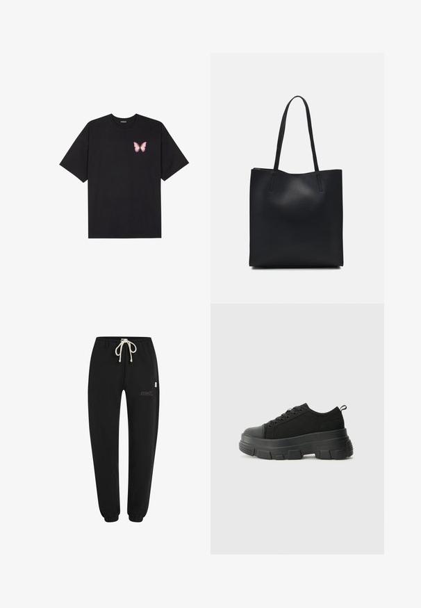 Sort bomulds T-shirt med korte ærmer, prydet med en lille pink sommerfugl grafik på venstre bryst. Rund hals design med en afslappet pasform.; Sorte sweatpants lavet af blødt stof, med en elastisk talje med snor, elastiske manchetter og en lille broderet logo detalje.; Sorte sneakers med en kraftig gummisål, tekstureret stofoverdel, rund tå og snørredesign. Har forstærkede snørrehuller og en trækkrog bagpå.; Sort læder tote taske med glat tekstur, rektangulær form og to lange hanke. Ingen synlig hardware eller udsmykninger.