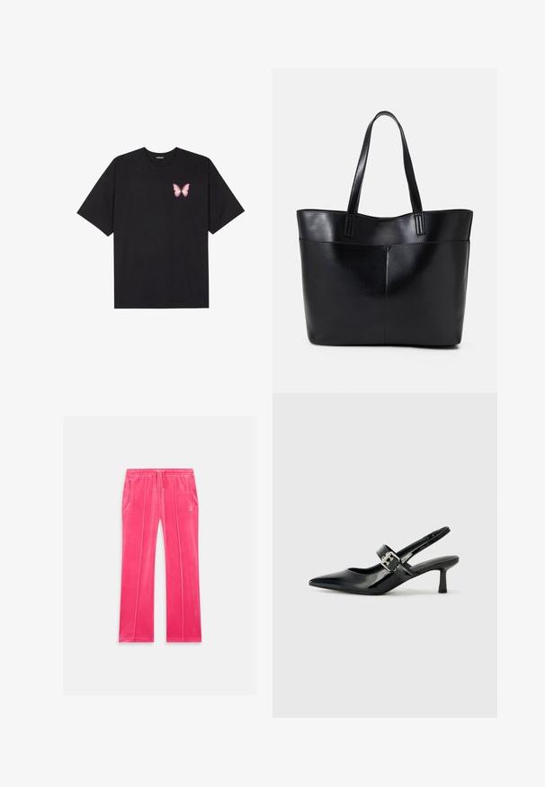 T-shirt de algodão preto com mangas curtas, apresentando um pequeno gráfico de borboleta rosa no lado esquerdo do peito. Design de gola redonda com um corte solto.; Calças de lounge em veludo rosa, com cintura elástica ajustável, bolsos laterais, costuras verticais e um discreto detalhe de logotipo na frente.; Saltos slingback em verniz preto com bico pontiagudo e um pequeno salto bloco, apresentando um detalhe de fivela prateada na tira.; Bolsa tote preta em couro com duas alças longas, textura suave e forma estruturada. Apresenta um bolso frontal para armazenamento adicional.