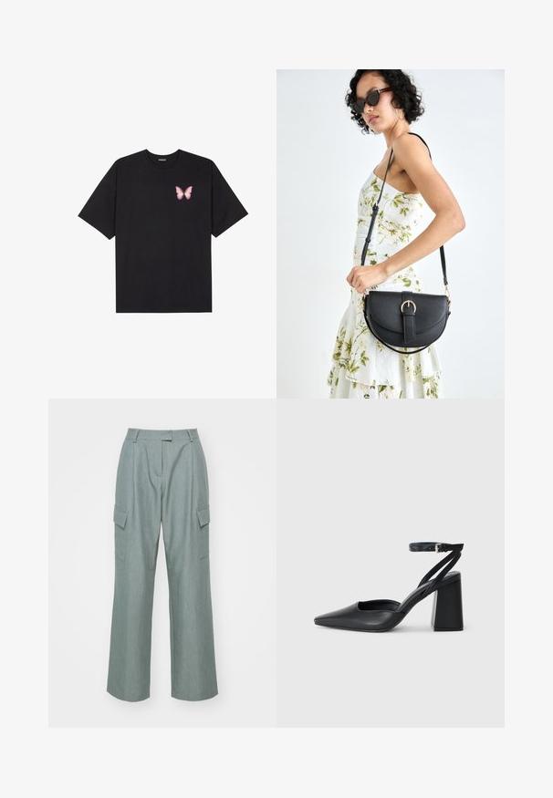 Schwarzes Baumwoll-T-Shirt mit kurzen Ärmeln, das ein kleines pinkes Schmetterlingsmotiv auf der linken Brust zeigt. Crewneck-Design mit einem entspannten Schnitt.; Hellgrüne weite Cargo-Hosen verfügen über zwei Seitentaschen, eine flache Vorderseite und eine glatte Textur, die für eine lockere Passform ausgelegt sind.; Schwarze Leder-Pumps mit spitzer Zehe, einem Knöchelriemen und einem blockigen Absatz. Flache Textur, elegantes Design und minimalistische Ästhetik.; Schwarze Lederhandtasche mit geschwungener Form, abnehmbarem Tragegurt und goldenen Beschlägen. Die Tasche verfügt über einen Deckel mit einer Schnallen-Details.; Silberne Creolen mit einem schlanken, runden Design, das eine glatte Oberfläche und keine sichtbaren Verzierungen aufweist. Durchmesser nicht angegeben.