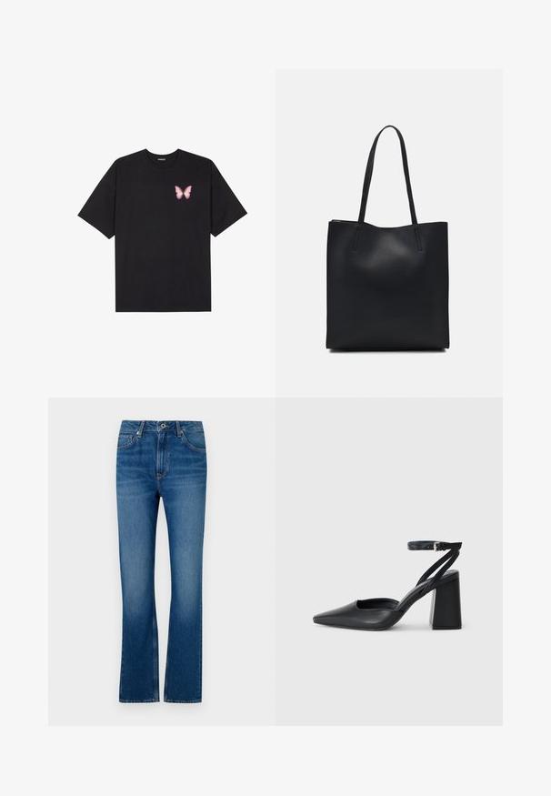 Must muströöpidega must puuvillane T-särk, vasakul rinnal on väike roosa liblikas. Ümar kaelus ja vabalt istuv lõige.; Sinise denimist valmistatud laiad teksased, viie taskuga disain, lukuga ees ja kulunud tekstuuriga. Kaasa arvatud õmbluste aktsendid ja tavaline vöökoht.; Mustmustest must-käigukingad, millel on konksuga nöör ja paks konts. Ühtlane tekstuur, stiilne disain ja minimalistlik esteetika.; Mustast nahast kott sujuva tekstuuriga, ristkülikukujuline ja kahe pika sangaga. Pole nähtavat riistvara ega kaunistusi.