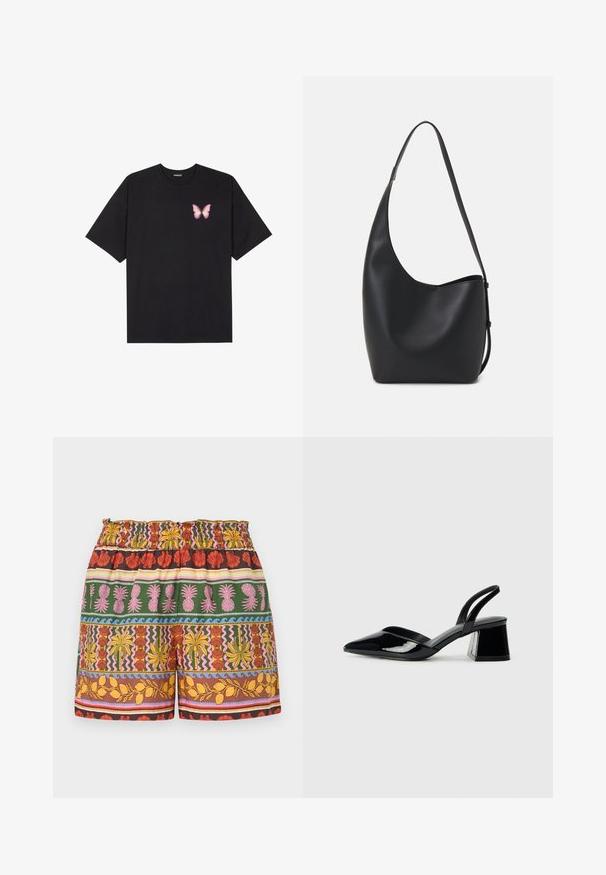 Svart bomulls T-skjorte med korte ermer, med en liten rosa sommerfugl grafikk på venstre bryst. Crew-neck design med en avslappet passform.; Mønstret shorts med en blanding av lyse farger inkludert rød, gul, grønn og rosa, med elastisk midje og varierte tropiske motiver.; Svarte patentlær slingback hæler med spiss tå og geometrisk blokk hæl. Har et stilrent, minimalistisk design og jevn tekstur.; Svart lær hobo-veske med glatt tekstur, buet form og enkelt justerbart stropp; har en bred åpning på toppen.