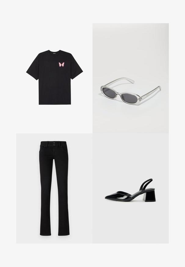 Svart bomullströja med korta ärmar, med en liten rosa fjärilsgrafik på vänster bröst. Rundad halsdesign med en avslappnad passform.; Svarta slim-fit jeans med två framfickor, bälteslipor och dubbelknäppning, visade mot en vit bakgrund.; Svarta lackläder slingback klackar med spetsig tå och geometrisk klack. Har en elegant, minimalistisk design och slät yta.; Sunglasses med oval form, klar plastbygel, mörkgrå linser och tunna genomskinliga armar med logotypsaccent och minimalt detaljerad design.; Svart läderhandväska med en böjd form, avtagbar rem och guldiga detaljer. Väskan har ett lock med en spänndetalj.