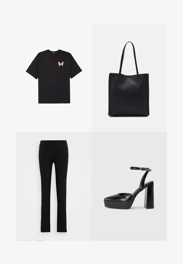 Musta puuvillapaita lyhyillä hihoilla, jossa on pieni vaaleanpunainen perhosgrafiikka vasemmassa rinnassa. Pyöreä kaula-aukko ja rento istuvuus.; Gina Tricot Tall LOW STRAIGHT TROUSERS - Housut - black; Mustat korkeat platform-kengät, joissa on terävä kärki ja säädettävä nilkkaremmi. Valmistettu sileästä nahasta ja varustettu paksulla lohkokorkeudella.; Mustapahkainen kangaskassi, jossa on sileä pinta, suorakaiteen muotoinen ja kaksi pitkää kahvaa. Ei näkyvää metalliosaa tai koristeita.