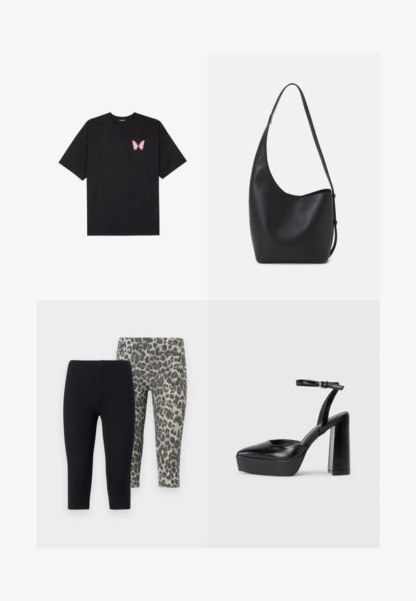 Must muströöpidega must puuvillane T-särk, vasakul rinnal on väike roosa liblikas. Ümar kaelus ja vabalt istuv lõige.; Kaks paari lühikesi retuuse: üks ühtlane must, teine hall leopardimustriga. Pehme, veniv kangas ja elastne vöökoht.; Mustad platvormi kontsad terava ninaga ja reguleeritava pahkluuraamiga. Valmistatud siledast nahast, funktsioneerib massiivse plokknäheeliga.; Mustast nahast hobo kott, millel on sile tekstuur, kumer kuju ja üks reguleeritav rihm; peal on lai avaus.