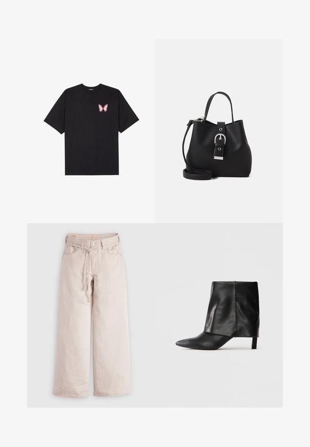 Musta puuvillapaita lyhyillä hihoilla, jossa on pieni vaaleanpunainen perhosgrafiikka vasemmassa rinnassa. Pyöreä kaula-aukko ja rento istuvuus.; Vaaleanbeige leveälahkeiset housut, jotka on valmistettu denimistä, ja joissa on nappikiinnitys, vyölenkit sekä etutaskut. Sujuva pinta ja rento istuvuus.; Musta nahkainen polvenpituinen saapas, jossa on terävä kärki, taitettu ylävarsi ja hoikka matala korko, seisoo valkoista taustaa vasten.; Musta buckettioljelaukku, joka on valmistettu sileästä nahasta. Sen muoto on rakenteellinen, ja siinä on lyhyt kahva sekä irrotettava olkahihna. Hopeinen solki yksityiskohtana.