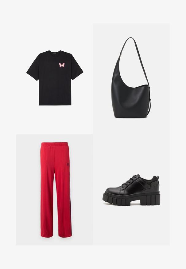 Melna kokvilnas T-krekls ar īsām piedurknēm, kuram priekšā kreisajā pusē ir neliels rozā tauriņa grafiskais attēls. Ar apaļu kaklu un brīvā stila piegriezumu.; GAP TRACK PANT - Treniņtērpa apakšdaļas - modern red; Melnas ādas platformas kurpes ar masīvu bloku papēdi, apaļu purngalu un tradicionālu saistīšanas dizainu. Izceļas ar gludu tekstūru un minimālu apdari.; Melnas ādas hobo soma ar gludu tekstūru, izliekta forma un vienu regulējamu jostu; augšā ir plaša atvere.