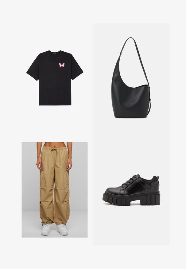 Must muströöpidega must puuvillane T-särk, vasakul rinnal on väike roosa liblikas. Ümar kaelus ja vabalt istuv lõige.; Kreemja värvi cargo-püksid elastse vöökoha, paelaga ja küljetaskutega. Omavad kogutud varrukaotstega ja kerget, siledat kangast.; Must musta platvormsussid paksu plokkninal, ümmarguse varbaga ja traditsioonilise nööridega kinnitamisega. Sussid on sileda tekstuuriga ja minimaalsete detailidega.; Mustast nahast hobo kott, millel on sile tekstuur, kumer kuju ja üks reguleeritav rihm; peal on lai avaus.