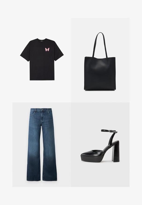 Musta puuvillapaita lyhyillä hihoilla, jossa on pieni vaaleanpunainen perhosgrafiikka vasemmassa rinnassa. Pyöreä kaula-aukko ja rento istuvuus.; Tummansiniset levenevät farkut, jotka on valmistettu denimistä. Niissä on korkea vyötärö, viisi taskua ja hienovarainen haalistuminen helmassa. Tavanomainen nappikiinnitys.; Mustat korkeat platform-kengät, joissa on terävä kärki ja säädettävä nilkkaremmi. Valmistettu sileästä nahasta ja varustettu paksulla lohkokorkeudella.; Mustapahkainen kangaskassi, jossa on sileä pinta, suorakaiteen muotoinen ja kaksi pitkää kahvaa. Ei näkyvää metalliosaa tai koristeita.