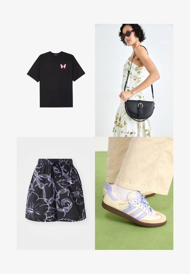 Crna pamučna majica s kratkim rukavima, s malim grafičkim prikazom ružičaste vjetricaste s desne strane na prsima. Dizajn s okruglim izrezom i opuštenim krojem.; Crne kratke hlače s remenom za podešavanje u struku, ukrašene kontrastnim svijetloplavim cvjetnim i listnim uzorcima na jednobojnoj pozadini.; Kremasto-ljubičaste tenisice s tri pruge i strukturiranim smeškim potplatom, s vezicama i podstavljenim petom. Mekana gornja tkanina.; Crna kožna torba s lukovitim oblikom, odvojivim remenom i zlatnim detaljima. Torba ima preklop s kopčom.