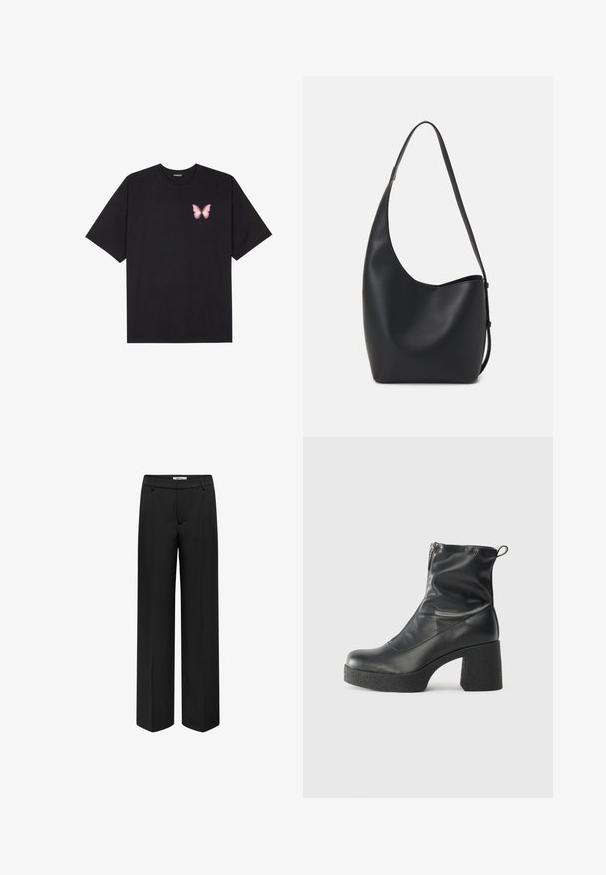 Black cotton t-shirt with short sleeves, featuring a small pink butterfly graphic on the left chest. Crew neck design with a relaxed fit.; ONLY BERRY HW WIDE TLR - Trousers - black; Black ankle boots made of smooth leather, featuring a side zipper, chunky textured heel, and rounded toe design.; Black leather hobo bag with a smooth texture, curved shape, and single adjustable strap; features a wide opening at the top.
