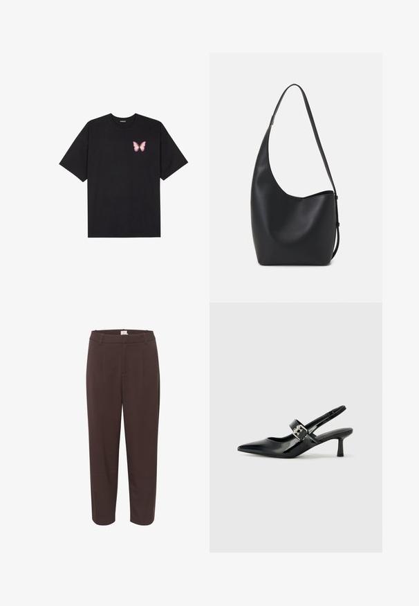 Must muströöpidega must puuvillane T-särk, vasakul rinnal on väike roosa liblikas. Ümar kaelus ja vabalt istuv lõige.; Pruunid püksid kohandatud disainiga, millel on vöökoht, ees olevad voldid ja sirge sääre lõige. Sile tekstuur ja minimaalne detailide arv.; Mustad patenteeritud nahast sildiga kontsad, millel on terav nina ja väike plokk-konts, mille rihmal on hõbedane pandla aksessuaar.; Mustast nahast hobo kott, millel on sile tekstuur, kumer kuju ja üks reguleeritav rihm; peal on lai avaus.