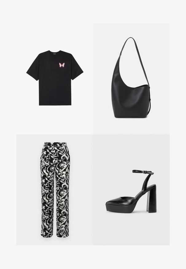 Melna kokvilnas T-krekls ar īsām piedurknēm, kuram priekšā kreisajā pusē ir neliels rozā tauriņa grafiskais attēls. Ar apaļu kaklu un brīvā stila piegriezumu.; Melnas un baltas rakstainas bikses ar augstu jostasvietu, kurām ir vijīga abstrakta dizaina raksts un taisna kāju piegriezums. Gluda auduma tekstūra.; Melnas platformas papēžs ar norādītu purngala formu un regulējamu potītes siksniņu. Izgatavotas no gludas ādas, ar masīvu bloku papēdi.; Melnas ādas hobo soma ar gludu tekstūru, izliekta forma un vienu regulējamu jostu; augšā ir plaša atvere.