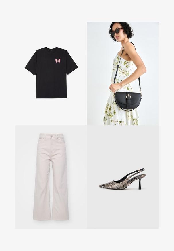 Tricou negru din bumbac cu mâneci scurte, având pe partea stângă a pieptului un mic grafic cu un fluture roz. Design cu guler rotund și croială lejeră.; Jeansi largi bej deschis, din bumbac, cu talie înaltă, cinci buzunare și închidere cu nasture. Textură netedă și siluetă dreaptă.; Pantofi slingback cu vârf ascuțit, din material texturat cu imprimeu de șarpe, având un toc subțire negru și un design decupat pe laterale.; Geantă din piele neagră, cu o formă curbată, curea detașabilă și accesorii aurii. Geanta are un capac cu un detaliu tip cataramă.