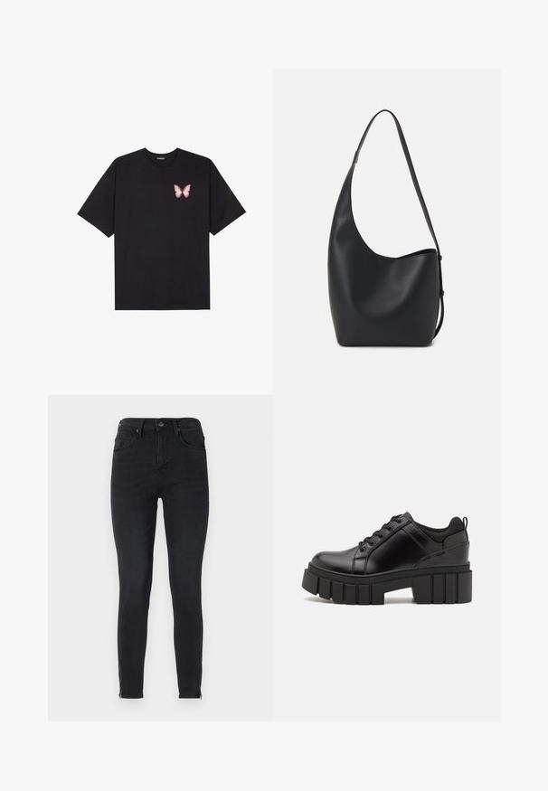 Svart bomulls T-skjorte med korte ermer, med en liten rosa sommerfugl grafikk på venstre bryst. Crew-neck design med en avslappet passform.; Høye svarte skinny jeans laget av denim, med knappelukking foran og glidelåser ved anklene. Glatt tekstur med minimal detaljer.; Svarte lærplattformsko med kraftig blokkhell, rund tå og tradisjonell snøring. Har en jevn tekstur og minimal detaljering.; Svart lær hobo-veske med glatt tekstur, buet form og enkelt justerbart stropp; har en bred åpning på toppen.