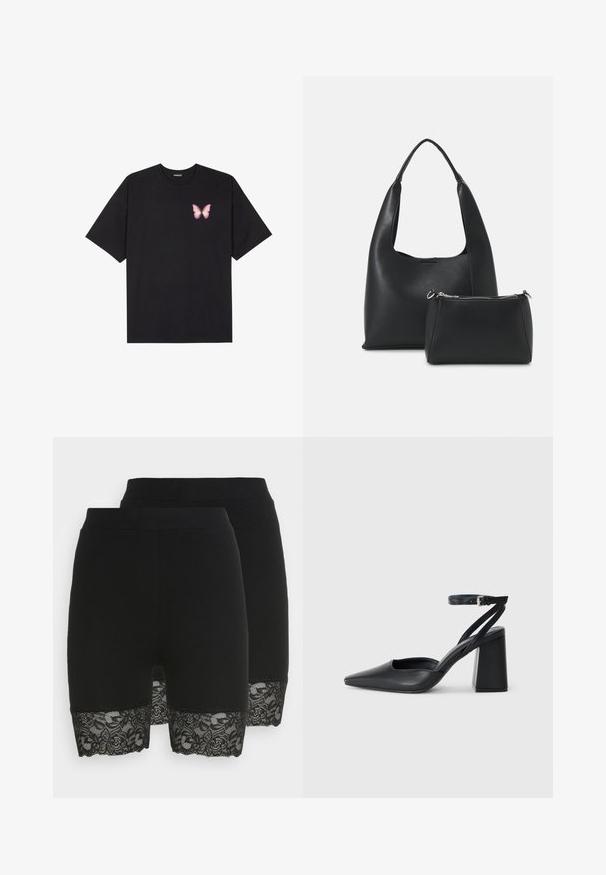 Zwarte katoenen t-shirt met korte mouwen, voorzien van een kleine roze vlinder graphic op de linkerkant van de borst. Crew neck ontwerp met een relaxte fit.; Zwarte shorts gemaakt van gladde stof met een kantafwerking aan de zoom, versierd met bloemenpatronen. Twee paren zichtbaar, met een consistent ontwerp.; Zwarte leren puntige pump met een enkelbandje en een chunky hak. Vlakke textuur, strakke vormgeving en minimalistische esthetiek.; Even&Odd SET - Handtas - black
