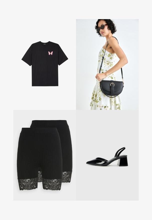 Black cotton t-shirt with short sleeves, featuring a small pink butterfly graphic on the left chest. Crew neck design with a relaxed fit.; Black shorts made of smooth fabric with a lace trim at the hem, featuring floral patterns. Two pairs visible, showcasing consistent design.; Black patent leather slingback heels with a pointed toe and a geometric block heel. Features a sleek, minimal design and smooth texture.; Black leather handbag with a curved shape, detachable strap, and gold hardware. The bag features a flap with a buckle detail.