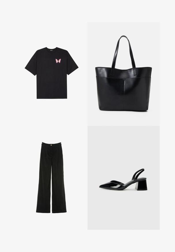 Juodas medvilnės marškinėliai trumpomis rankovėmis, su maža rožine drugelio grafika kairėje krūtinės pusėje. Apvalus kaklo iškirpimas, laisvas kirpimas.; Juodos veliūro plačiakelnės kelnės su klostėmis, su auksinės spalvos sagos užsegimu ir tekstūruotu paviršiumi. Kišenių nematyti.; Juodos lakuotos odinės šlepetės su smailiu pirštu ir geometriniu bloko kulnu. Turi elegantišką, minimalistinį dizainą ir lygų paviršių.; Juoda odinė rankinė su dviem ilgais diržais, lygiu paviršiumi ir struktūrizuota forma. Yra priekinė kišenė papildomam saugojimui.