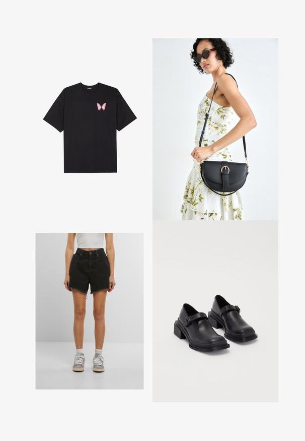 Melna kokvilnas T-krekls ar īsām piedurknēm, kuram priekšā kreisajā pusē ir neliels rozā tauriņa grafiskais attēls. Ar apaļu kaklu un brīvā stila piegriezumu.; Melni denimi šorti ar augstu jostasvietu, neapstrādātu apakšmalu un sānu kabatām, apvienoti ar baltām sporta kedām un potīšu zeķēm.; Melnas ādas kurpes ar noapaļotu purngalu, plakanu zoli un siksniņu ar sprādzi. Masīvs bloku papēdis papildu stabilitātei.; Melnas ādas rokassoma ar izliekta formu, noņemamu siksnu un zelta aksesuāriem. Somai ir vāciņš ar sprādzes detaļu.