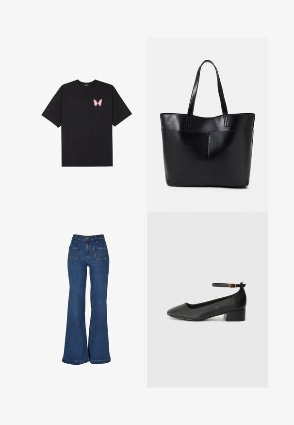 Svart bomulls T-skjorte med korte ermer, med en liten rosa sommerfugl grafikk på venstre bryst. Crew-neck design med en avslappet passform.; Høyt liv flared jeans laget av mørkeblå denim, med fem lommer, gule sømmer og en knappelukking i midjen.; Sorte skinnpumper med spiss tå og lav blokkhelt. Har ankelrem med gullfarget spenne. Glatt tekstur.; Svart lær toteveske med to lange håndtak, en glatt tekstur og en strukturert form. Har en frontlomme for ekstra oppbevaring.