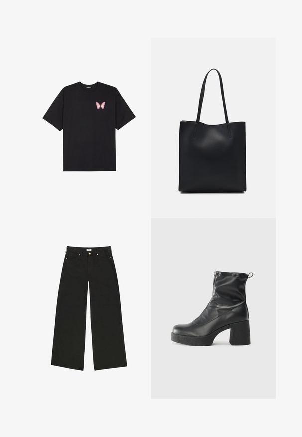 Black cotton t-shirt with short sleeves, featuring a small pink butterfly graphic on the left chest. Crew neck design with a relaxed fit.; Black wide-leg jeans made from denim, featuring a high waist, front pockets, and contrasting gold-tone hardware. Clean, straight cut.; Black ankle boots made of smooth leather, featuring a side zipper, chunky textured heel, and rounded toe design.; Black leather tote bag with smooth texture, rectangular shape, and two long handles. No visible hardware or embellishments.