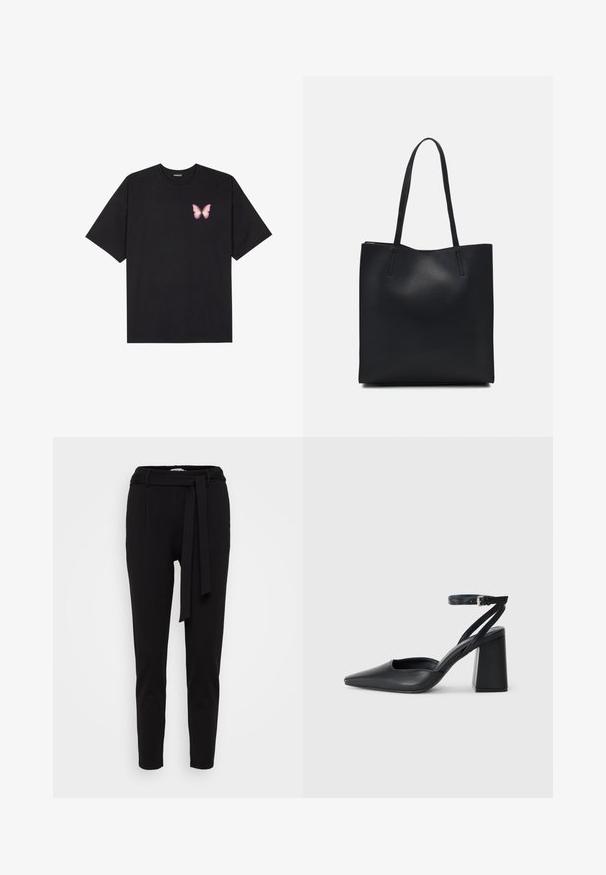 Black cotton t-shirt with short sleeves, featuring a small pink butterfly graphic on the left chest. Crew neck design with a relaxed fit.; Black tapered trousers made of soft fabric, featuring a waistband with a fabric belt and two front pockets. Smooth texture and minimal design.; Black leather pointy-toe pump with an ankle strap and a chunky heel. Flat texture, sleek design, and minimalistic aesthetics.; Black leather tote bag with smooth texture, rectangular shape, and two long handles. No visible hardware or embellishments.