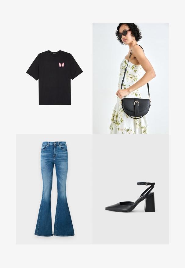 T-shirt de algodão preto com mangas curtas, apresentando um pequeno gráfico de borboleta rosa no lado esquerdo do peito. Design de gola redonda com um corte solto.; Calças flare feitas de denim de peso médio, apresentando uma cintura alta, cor azul clara, desbotamento subtil e um clássico design de cinco bolsos.; Sandal com biqueira afilada em couro preto, com cinta no tornozelo e salto grosso. Textura lisa, design elegante e estética minimalista.; Bolsa de couro preta com forma curva, alça destacável e detalhes em dourado. A bolsa possui uma aba com detalhe de fivela.